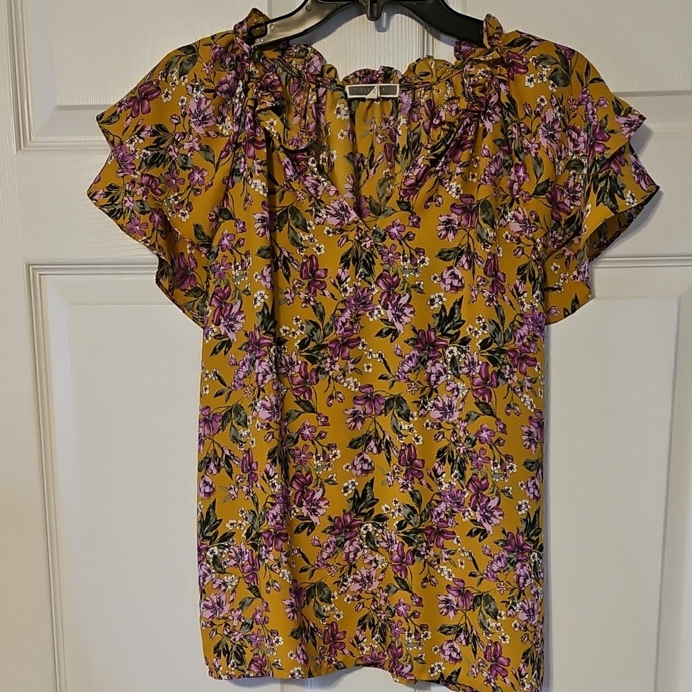 Pleione Mustard Floral Ruffle Sleeve Blouse